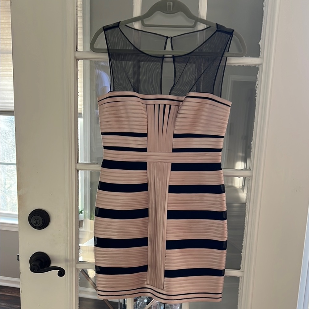BCBG Max Azria Chic Striped Dress with Sheer Black Detail